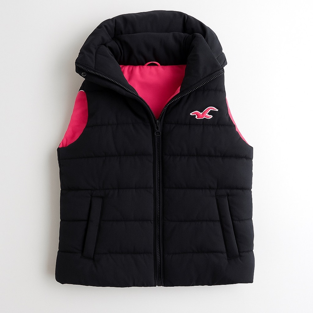 Hollister Black Puffer Vest w/ Hot Pink Lining